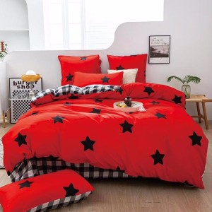 Lenjerie pat dublu, Finet Soft, cu ELASTIC, 4 PIESE, Rosu, stelute