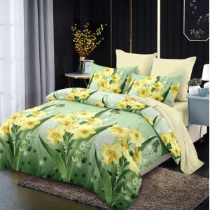 Lenjerie pat dublu,  FINET, cu elastic, 6 piese, Verde, flori