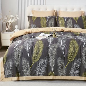 Lenjerie de Pat Dublu, Super Premium,  Finet Ranforsat – Set Exclusivist 6 Piese, Ambalat în Cutie de Lux, Grej, Bej, pene