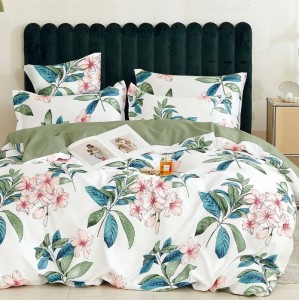 Lenjerie pat dublu,  FINET, 6 piese, Verde, flori