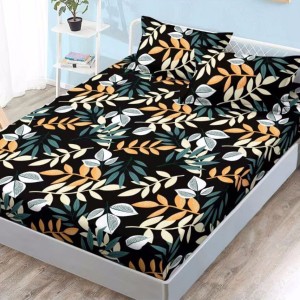 Cearsaf cu elastic, FINET, 180x200cm, 2 fete de perne 50x70cm, Negru-Verde, frunze