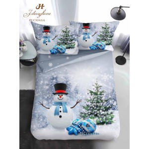 Lenjerie pat 1 PERSOANA, BUMBAC FINET, 4 piese, Identică cu Poza, Craciun, Gri, Bleu, om de zăpadă, brad