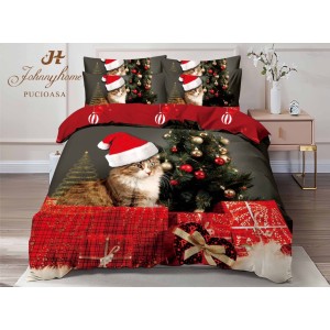 Lenjerie pat dublu,  FINET, Digital Print, Craciun, Rosu, Maro, pisicuță, brad