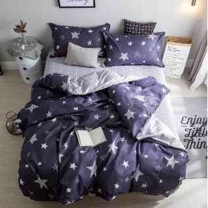 Lenjerie pat dublu cu doua feţe, bumbac satinat, 4 piese,  Bleumarin, stelute