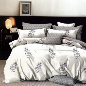 Lenjerie pat dublu,  FINET, 6 piese, cu ELASTIC, Grej, flori