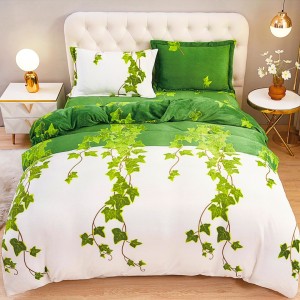 Lenjerie pentru Pat Dublu, Cocolino Premium, 4 Piese – Plușată, Groasă, și Călduroasă, Ideală pentru Iarnă –  Confort Maxim, Antișifonare, Verde, Alb, frunze