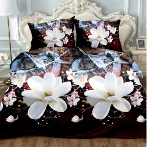 Lenjerie pat dublu, 4 piese, IMPRIMEU 3D Multiplicat Multiplicat, Microfibra, Negru-Alb, flori