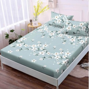 Cearsaf cu elastic, FINET, 180x200cm, 2 fete de perne 50x70cm, Bleu, flori