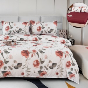 Lenjerie pat dublu, bumbac satinat,  cu ELASTIC, 4 PIESE, crem, flori