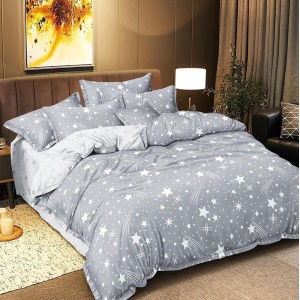 Lenjerie pat dublu, bumbac satinat,  cu elastic, Gri, stelute