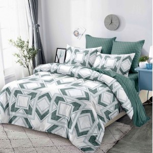 Lenjerie pat dublu,  FINET, cu elastic, 6 piese, Alb, Verde, Forme Geometrice