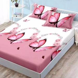 Cearsaf cu elastic, FINET, 180x200cm, 2 fete de perne 50x70cm, Roz, fluturi