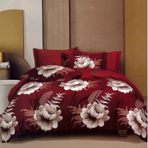 Lenjerie pat dublu,  FINET, 6 piese, cu ELASTIC, Rosu, flori