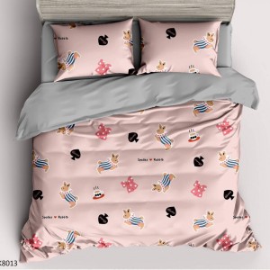 Lenjerie pat Single, BUMBAC 100% Percal, cu 2 Fețe, 4 piese, Roz, Gri, Iepurași, Fundite