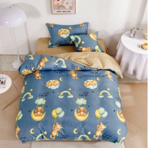 Lenjerie pat 1 PERSOANA,  FINET, 4 piese, cu ELASTIC, Albastru, ursuleti, norisori