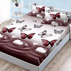 Cearsaf cu elastic, FINET, 180x200cm, 2 fete de perne 50x70cm, Maro, fluturi