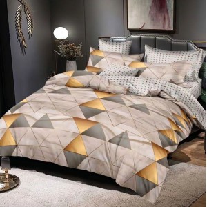 Lenjerie pat dublu,  FINET, 6 piese, cu ELASTIC, Bej, forme geometrice