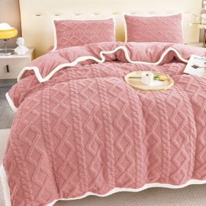 Lenjerie de Pat Cocolino Super Pufoasă cu Tricotaj în Relief – Set 4 Piese pentru Pat Dublu, Calitate Premium pentru somn odihnitor, Roz 