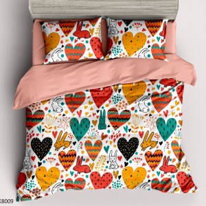 Lenjerie pat Single, BUMBAC 100% Percal, cu 2 Fețe, 4 piese, Alb, Roz, Inimioare Colorate