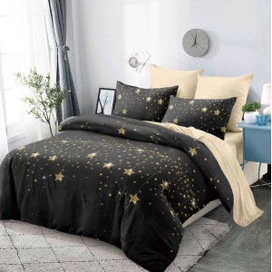 Lenjerie pat dublu,  FINET, cu elastic, 6 piese, Negru, stelute