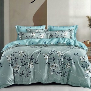 Lenjerie pat dublu,  FINET, 6 piese, cu ELASTIC, Bleu, frunze