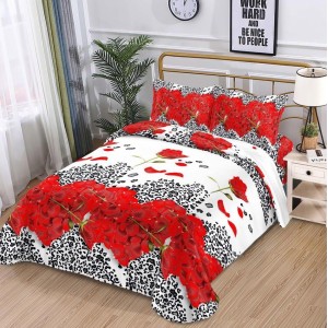 Lenjerie pat 1 PERSOANA, 3 piese, IMPRIMEU 3D Multiplicat, Microfibra, Rosu, trandafiri, inimioare