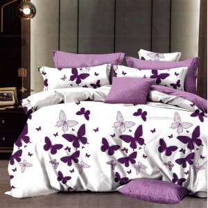 Lenjerie pat dublu,  FINET, 6 piese, cu ELASTIC, Mov, fluturi