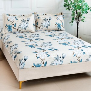 Cearsaf cu elastic, Bumbac Satinat, 160/180x200cm, 2 fete de perne 50x70cm, Crem-Bleu, flori