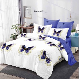 Lenjerie pat dublu,  FINET, cu elastic, 6 piese, Albastru, fluturi