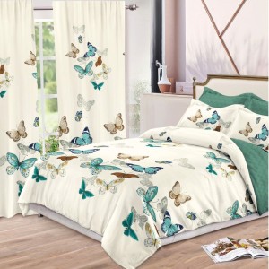 Lenjerie pat dublu,  FINET, 8 piese, cu 2 DRAPERII INCLUSE, Crem, fluturi