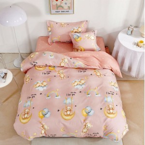 Lenjerie pat 1 PERSOANA,  FINET, 4 piese, cu ELASTIC, Pudra, ursuleti, norisori