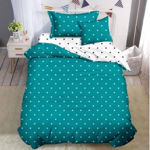 Lenjerie pat 1 PERSOANA,  FINET, 4 piese, cu ELASTIC, Turquoise, buline