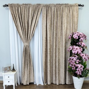 Draperie Catifea MYKONOS cu valuri rafinate aurii, 140cm latime x 260cm înălțime, cu TIV LAT, Bej - V3