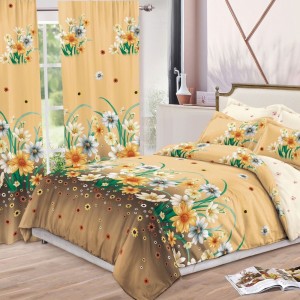 Lenjerie pat dublu,  FINET, 8 piese, cu 2 DRAPERII INCLUSE, Bej, Maro, flori