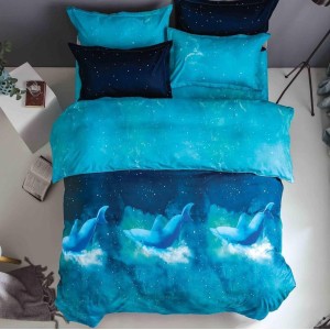 Lenjerie pat dublu cu doua feţe, bumbac satinat, 4 piese,  Albastru, delfini