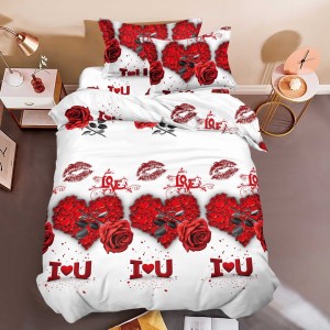 Lenjerie pat 1 PERSOANA, 3 piese, IMPRIMEU 3D Multiplicat, Microfibra, Alb-Rosu, trandafiri, inimioare