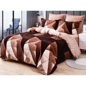 Lenjerie pentru Pat Dublu, Cocolino Premium, 4 Piese – Plușată, Groasă, și Călduroasă, Ideală pentru Iarnă –  Confort Maxim, Antișifonare, Maro, forme geometrice
