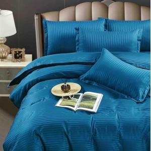 Lenjerie HoReCa, pat dublu, Damasc Finetat Deluxe cu Elastic, 6 piese, Jojo Home, Albastru