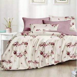 Lenjerie pat dublu,  FINET, 6 piese, Crem-Roz, trandafiri, inimioare