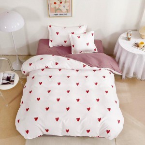 Lenjerie pat 1 PERSOANA,  FINET, 4 piese, cu ELASTIC, Alb-Roz, inimioare