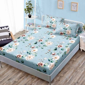 Cearsaf cu elastic, FINET, 160x200cm, 2 fete de perne 50x70cm, Bleu, flori