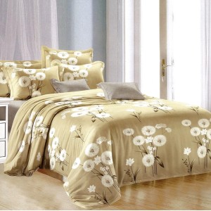 Lenjerie pat dublu,  FINET, 6 piese, Bej, flori, papadii