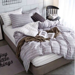 Lenjerie pat 1 PERSOANA, 4 piese, cu ELASTIC,  Gri, dungi