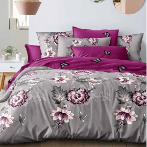 Lenjerie pat dublu,  FINET, 6 piese, cu ELASTIC, Gri, flori