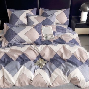 Lenjerie pat dublu,  FINET, 6 piese, Bej-Albastru, forme geometrice