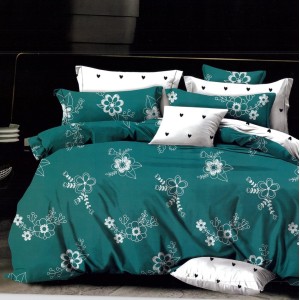 Lenjerie pat dublu,  FINET, 6 piese, cu ELASTIC, Turquoise, flori