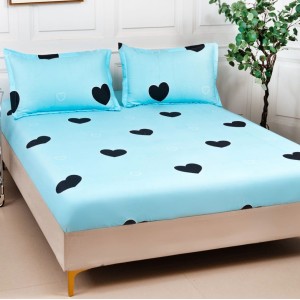 Cearsaf cu elastic, Bumbac Satinat, 160/180x200cm, 2 fete de perne 50x70cm, Bleu, inimioare