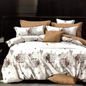 Lenjerie pat dublu,  FINET, 6 piese, cu ELASTIC, Bej, trandafiri