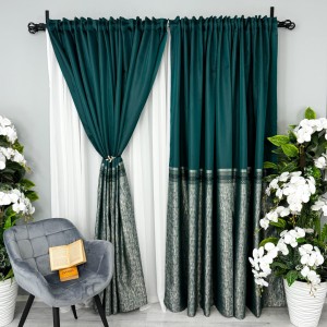 Set 2 Draperii Simplicity, tip panou , Verde cu Auriu - 3 metri latime x 2.32 inaltime, rejansa pt. bara 