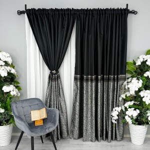 Set 2 bucati Draperie Simplicity, tip panou, Negru cu Gri, 3m latime x 2.32m inaltime, cu rejansa pentru bara